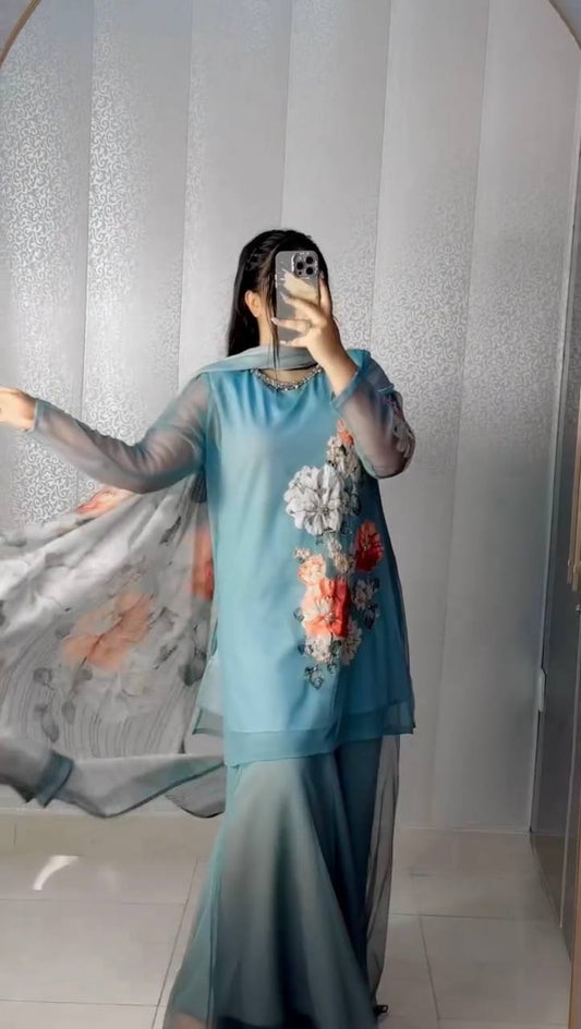 Marvelous Sky Blue Georgette Digital Print Sharara Suit