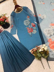 Marvelous Sky Blue Georgette Digital Print Sharara Suit Marvelous Sky Blue Georgette Digital Print Sharara Suit