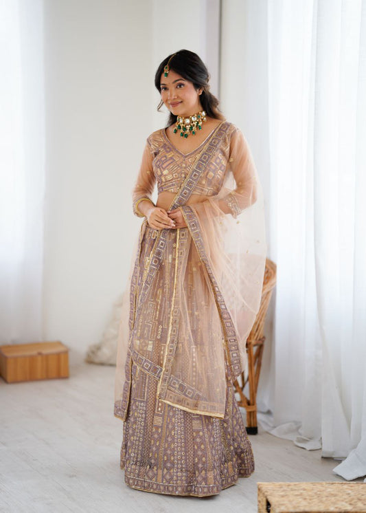 Gorgeous Beige Net Embroidery Work Lehenga Choli