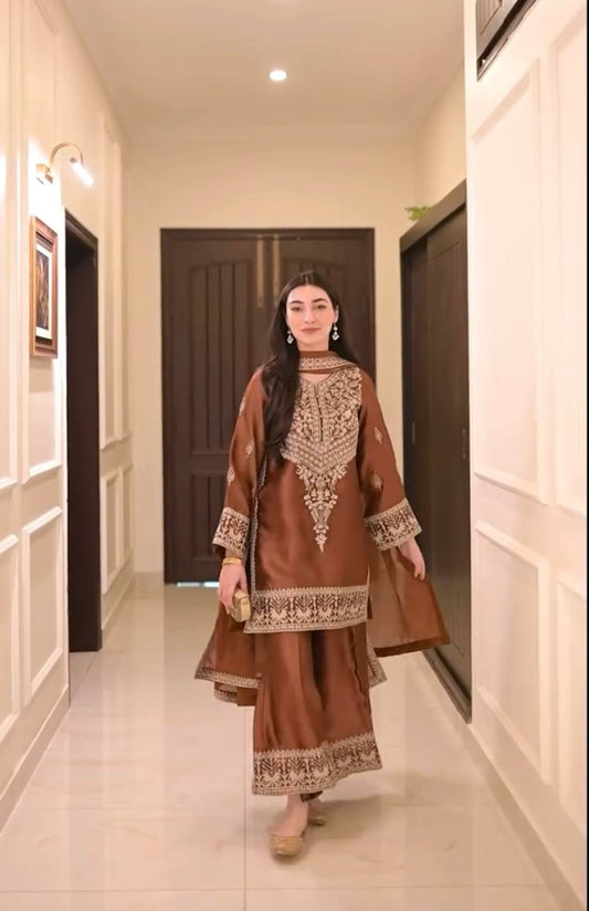 Amazing Brown Chinon Silk Embroidery Work Palazzo Suit