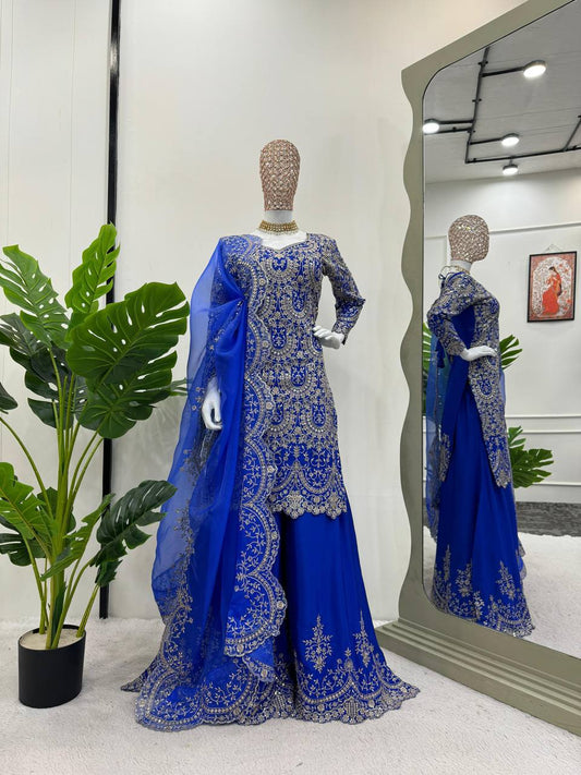 Attractive Blue Chinon Silk Sequence Work Palazzo Suit