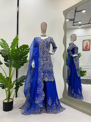 Attractive Blue Chinon Silk Sequence Work Palazzo Suit Attractive Blue Chinon Silk Sequence Work Palazzo Suit