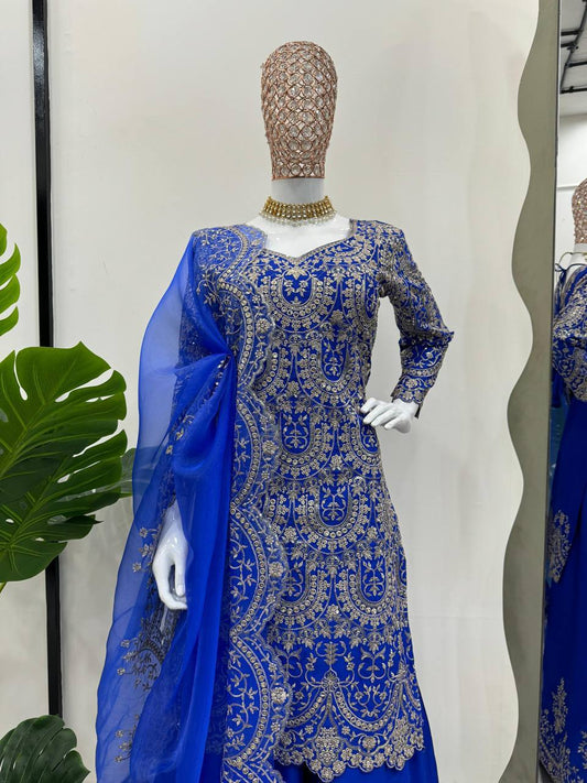 Attractive Blue Chinon Silk Sequence Work Palazzo Suit