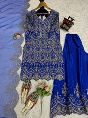 Attractive Blue Chinon Silk Sequence Work Palazzo Suit Attractive Blue Chinon Silk Sequence Work Palazzo Suit