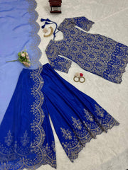 Attractive Blue Chinon Silk Sequence Work Palazzo Suit Attractive Blue Chinon Silk Sequence Work Palazzo Suit