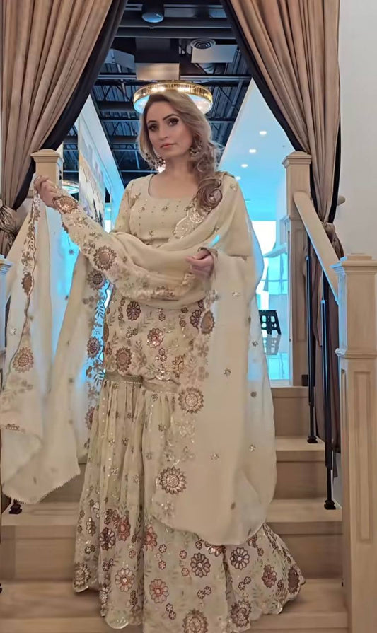 Designer Cream Chinnon Sequence Work Sharara Suit