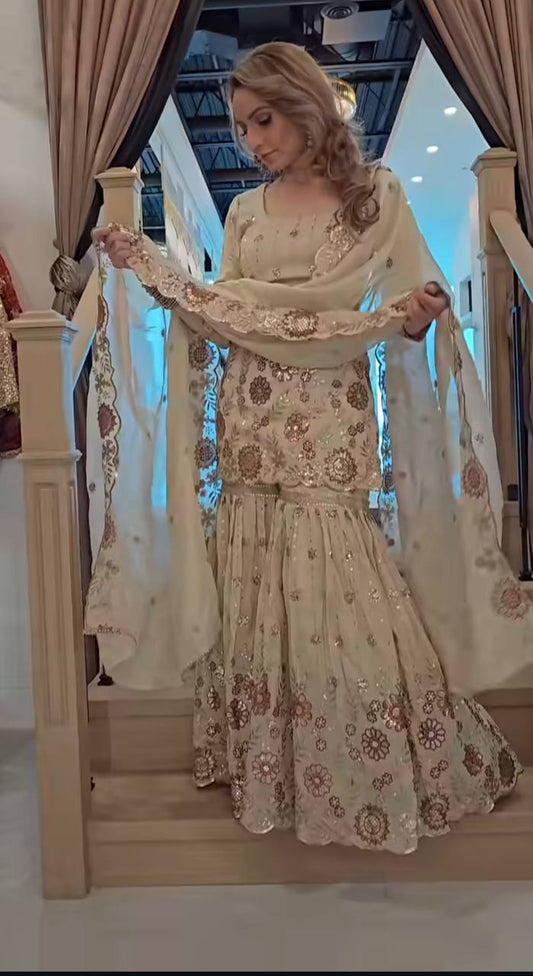Designer Cream Chinnon Sequence Work Sharara Suit