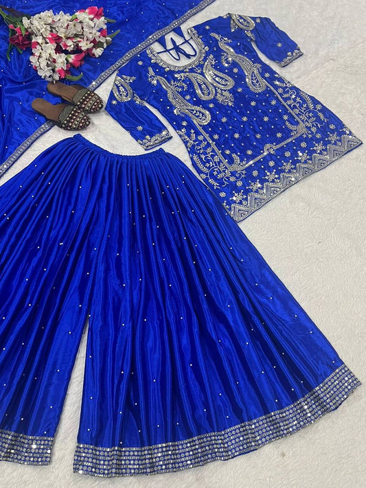 Attractive Blue Chinon Silk Sequence Work Sharara Suit