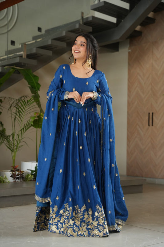 Glorious Blue Chinon Zari Designer Gown