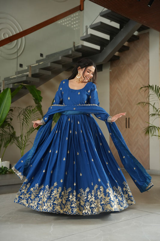 Glorious Blue Chinon Zari Designer Gown