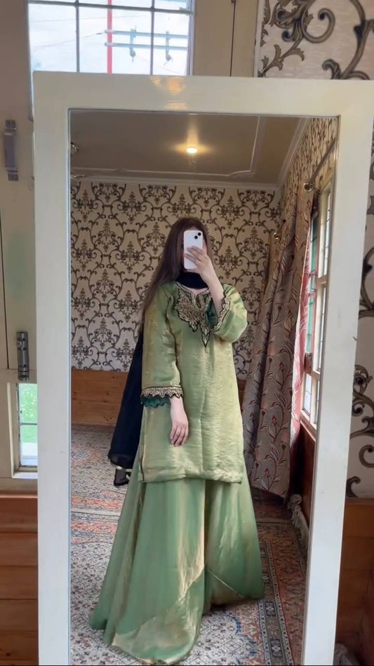Ravishing Green Fendy Silk Embroidery Work Sharara Suit