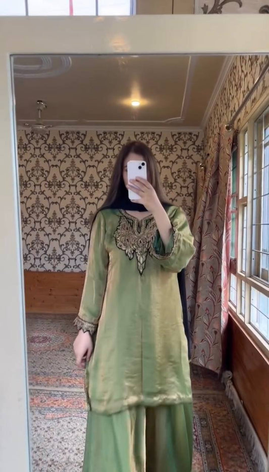 Ravishing Green Fendy Silk Embroidery Work Sharara Suit