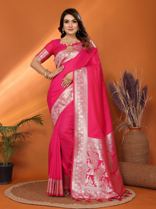 Trendy Pink Banarasi Silk Weaving Saree
