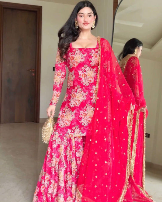 Pretty Pink Georgette Digital Print Sharara Suit