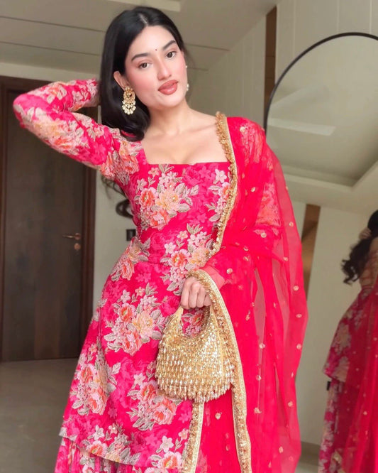 Pretty Pink Georgette Digital Print Sharara Suit
