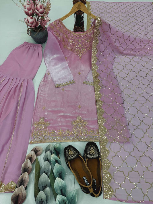 Lovely Pink Organza Sequence Work Sharara Suit