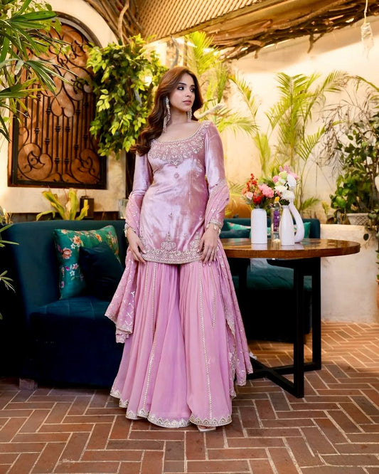 Lovely Pink Organza Sequence Work Sharara Suit