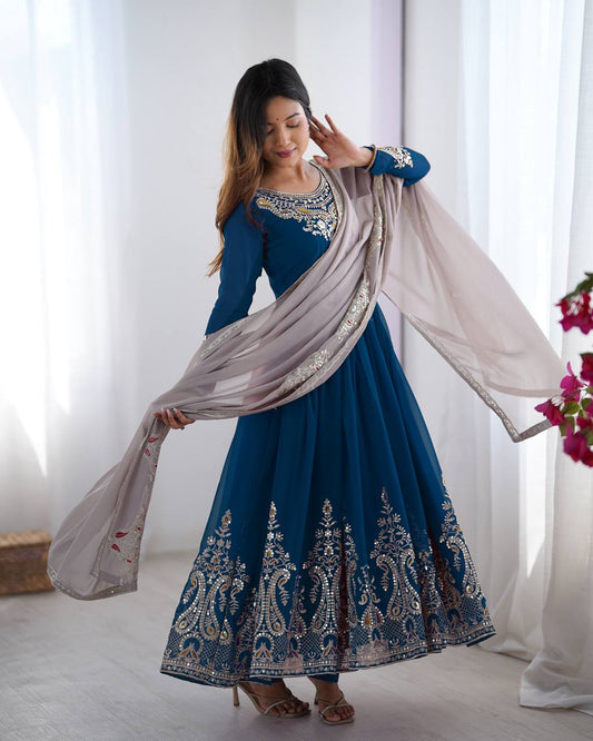 Teal Blue Color Multi Thread Work Gown With White Dupatta