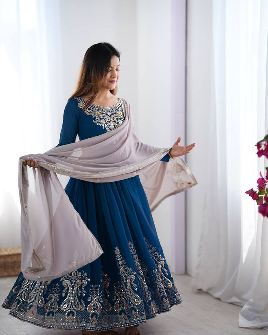 Teal Blue Color Multi Thread Work Gown With White Dupatta