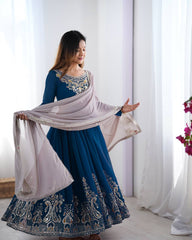 Teal Blue Color Multi Thread Work Gown With White Dupatta Teal Blue Color Multi Thread Work Gown With White Dupatta