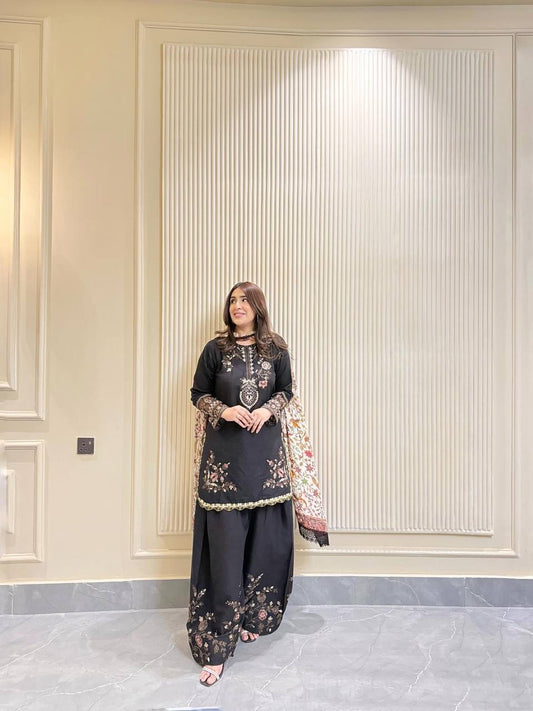 Exclusive Black Cotton Embroidery Work Suit Set