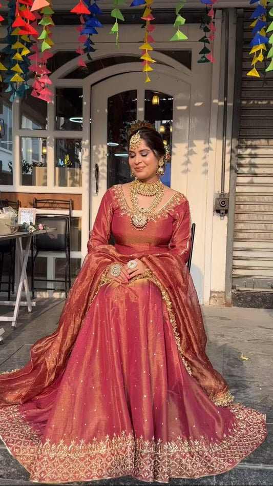 Pretty Red Organza Sequence Work Top With Lehenga