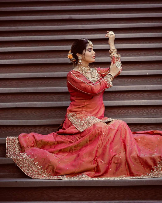 Pretty Red Organza Sequence Work Top With Lehenga