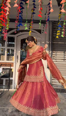 Pretty Red Organza Sequence Work Top With Lehenga Pretty Red Organza Sequence Work Top With Lehenga