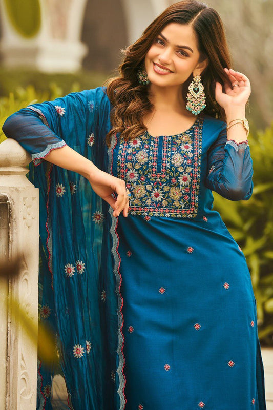 Alluring Teal Blue Rayon Embroidery Suit