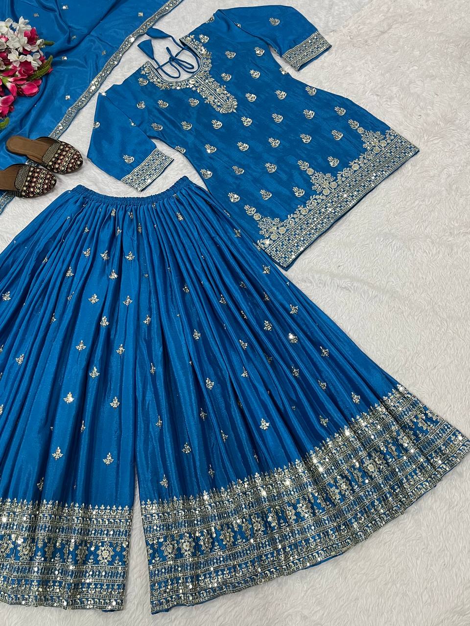 Stylish Sky Blue Chinnon Silk Sequence Work Sharara Suit