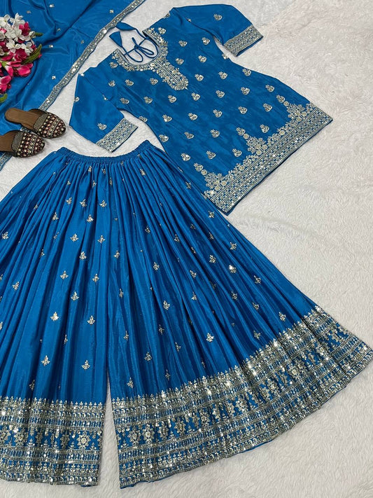 Stylish Sky Blue Chinnon Silk Sequence Work Sharara Suit