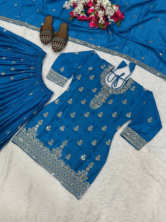 Stylish Sky Blue Chinnon Silk Sequence Work Sharara Suit