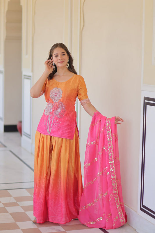 Ravishing Pink Chinon Beads Embroidered Sharara Suit