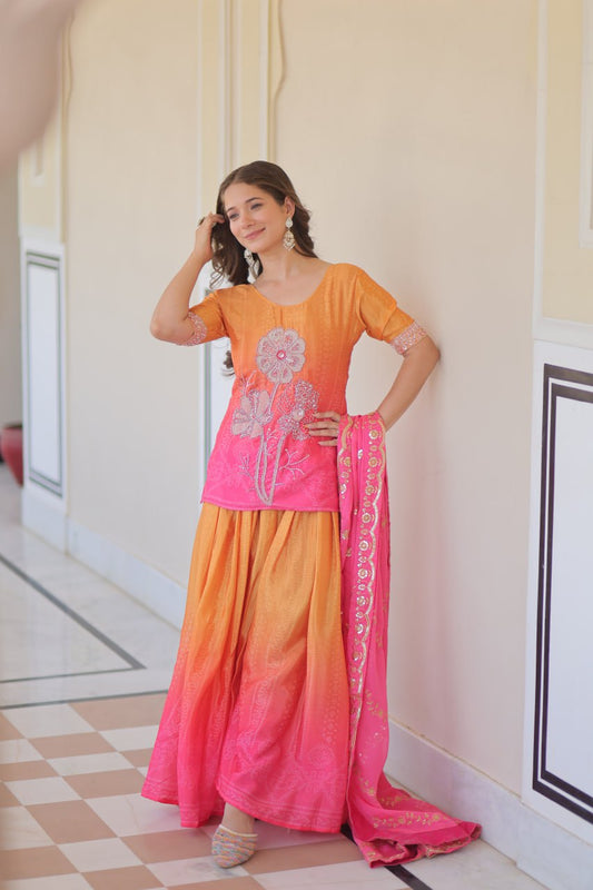 Ravishing Pink Chinon Beads Embroidered Sharara Suit