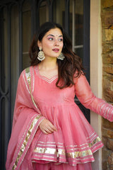 Attractive Pink Organza Lace Work Sharara Suit Attractive Pink Organza Lace Work Sharara Suit