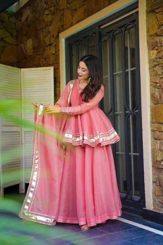 Attractive Pink Organza Lace Work Sharara Suit