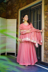 Attractive Pink Organza Lace Work Sharara Suit Attractive Pink Organza Lace Work Sharara Suit