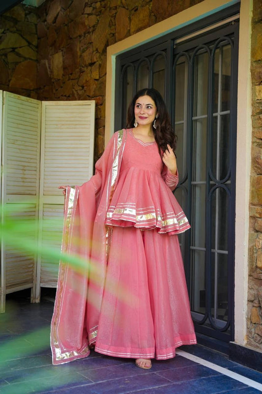 Attractive Pink Organza Lace Work Sharara Suit