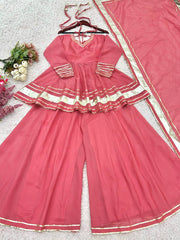Attractive Pink Organza Lace Work Sharara Suit Attractive Pink Organza Lace Work Sharara Suit