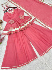 Attractive Pink Organza Lace Work Sharara Suit Attractive Pink Organza Lace Work Sharara Suit
