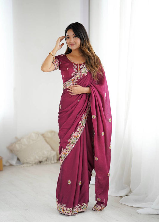 Trendy Wine Crush Work Saree