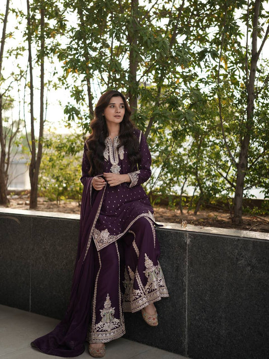 Ravishing Wine Georgette Embroidery Sharara Suit