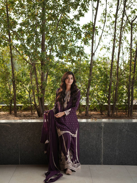 Ravishing Wine Georgette Embroidery Sharara Suit