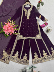 Ravishing Wine Georgette Embroidery Sharara Suit Ravishing Wine Georgette Embroidery Sharara Suit