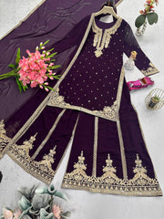 Ravishing Wine Georgette Embroidery Sharara Suit Ravishing Wine Georgette Embroidery Sharara Suit