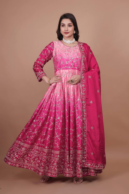 Alluring Double Shaded Pink Chinon Silk Embroidery Work Gown