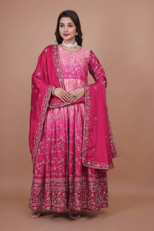 Alluring Double Shaded Pink Chinon Silk Embroidery Work Gown