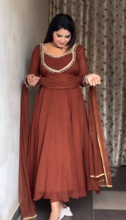 Alluring Brown Georgette with Moti Work Gown