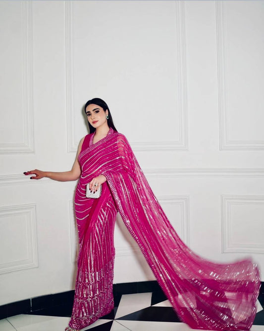Lovely Pink Georgette Thread Work Saree