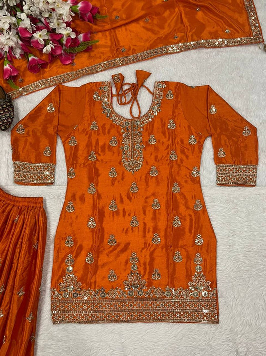 Trendy Orange Chinon Silk Sequence Work Sharara Suit